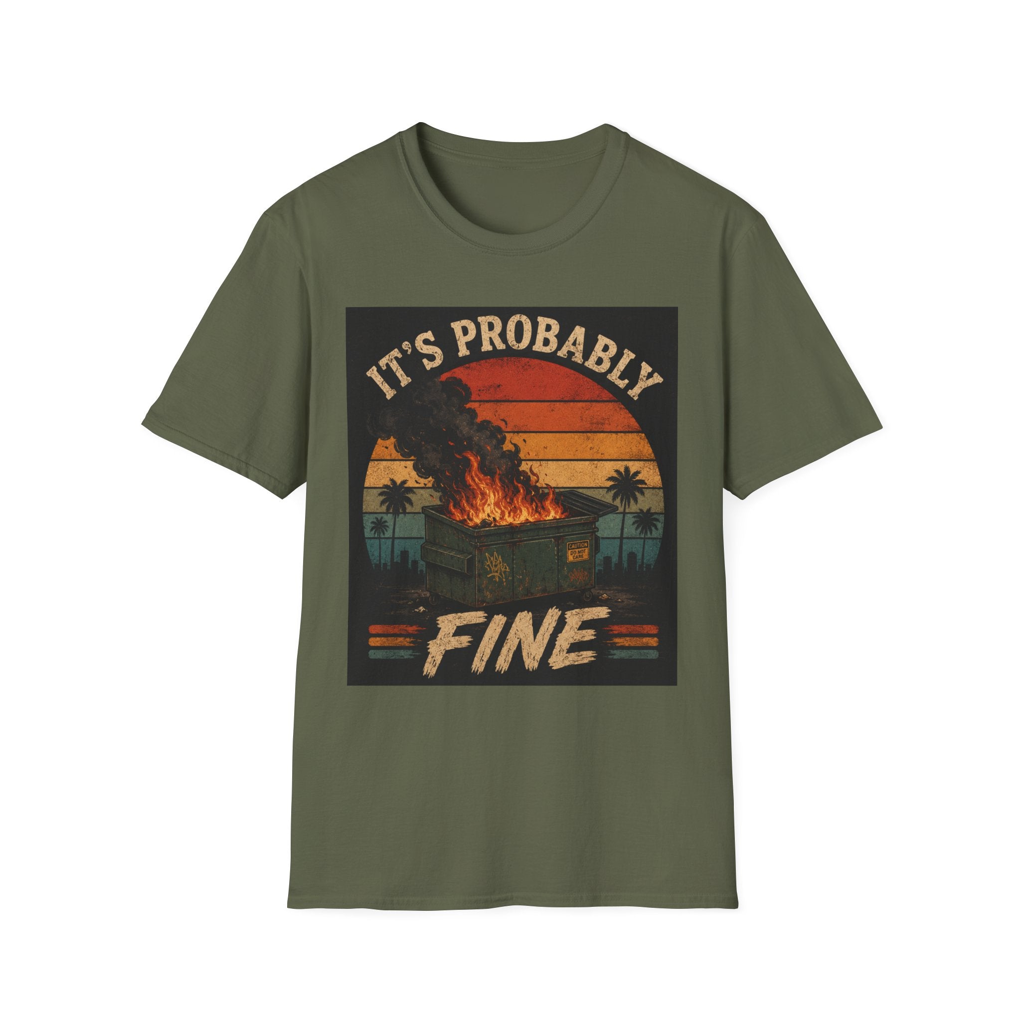Graphic T-Shirt — "It's Probably Fine" Retro Sunset Burning House Tee