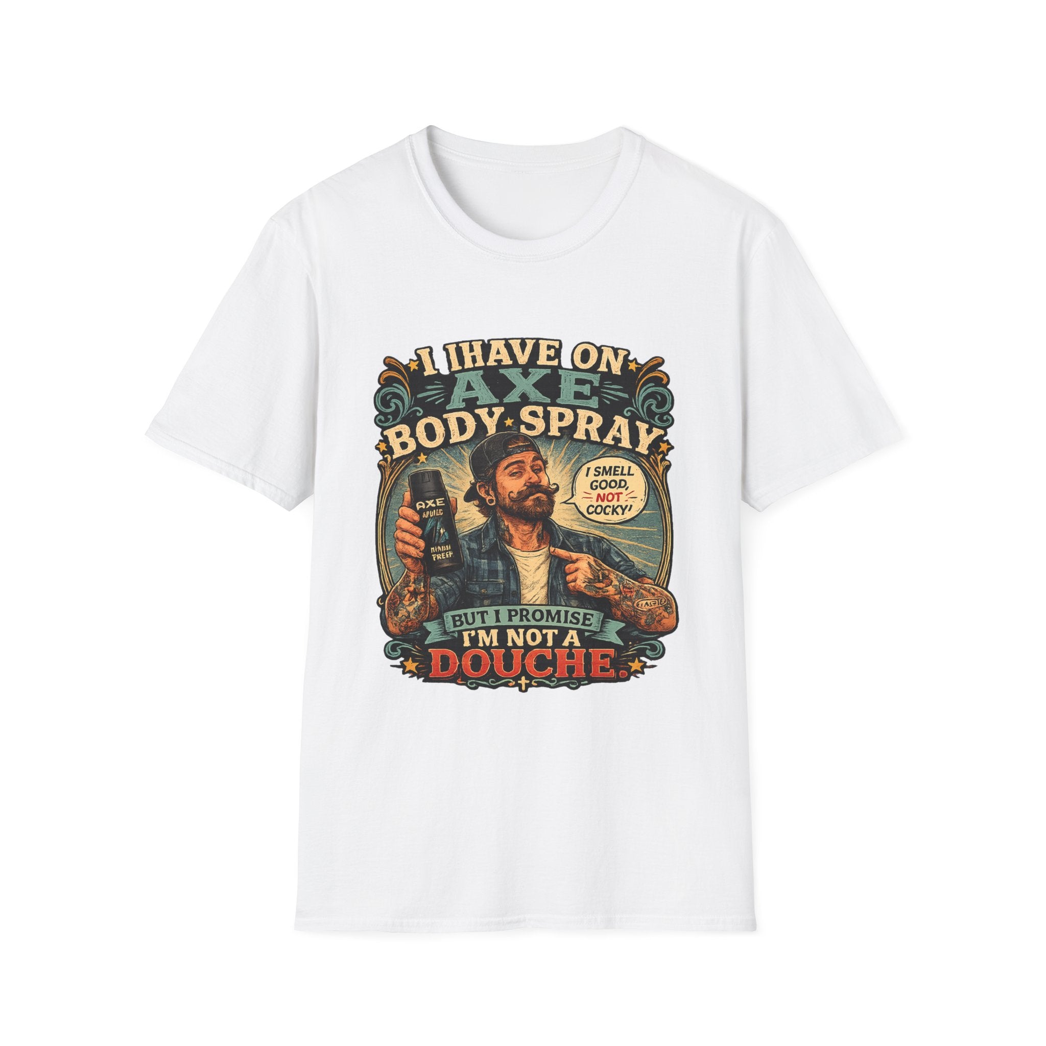 Vintage Axe Body Spray Graphic T-Shirt — "I Smell Good, Not Cocky" Retro Tee