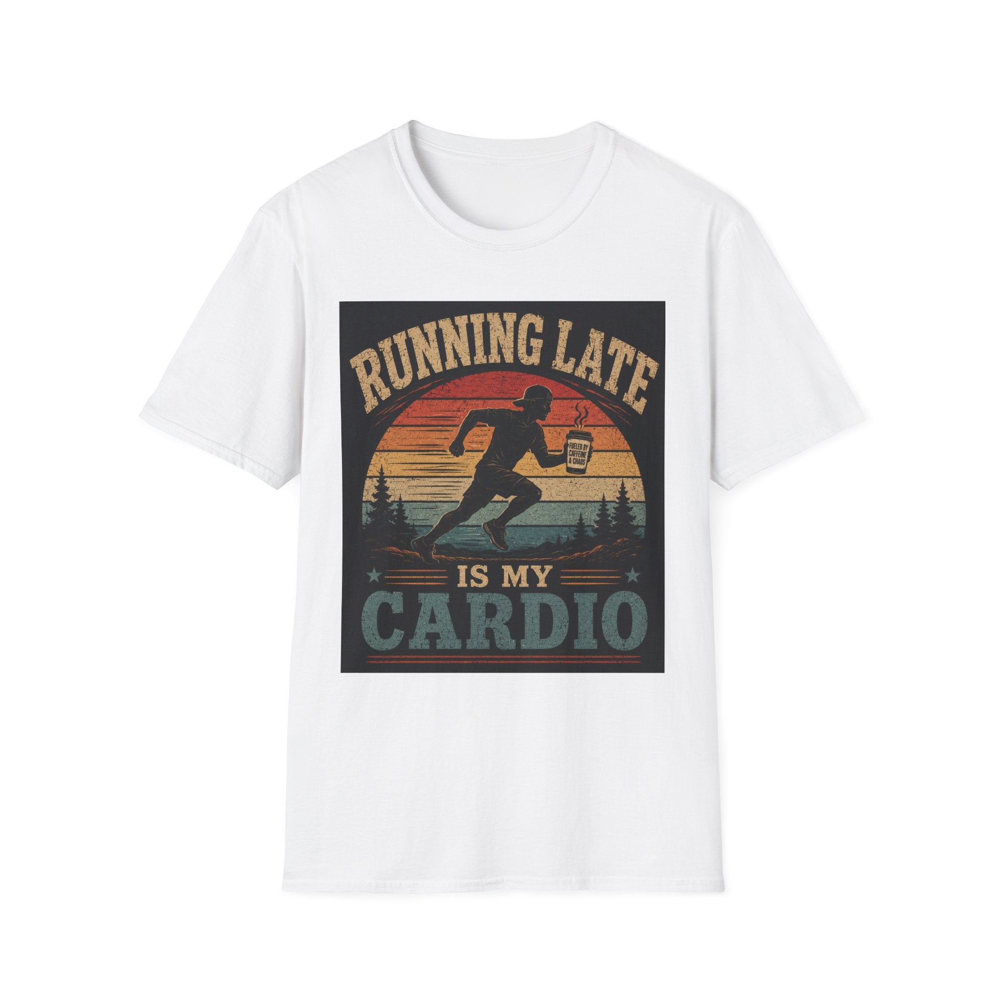 Running Late Is My Cardio T‑Shirt — Funny Retro Runner Coffee Tee