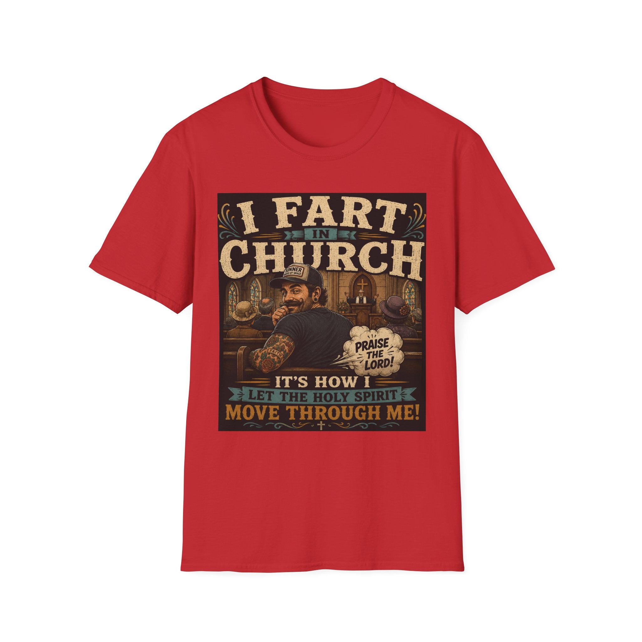 I Fart in Church Funny Graphic Tee — Humorous Religious Joke T-Shirt