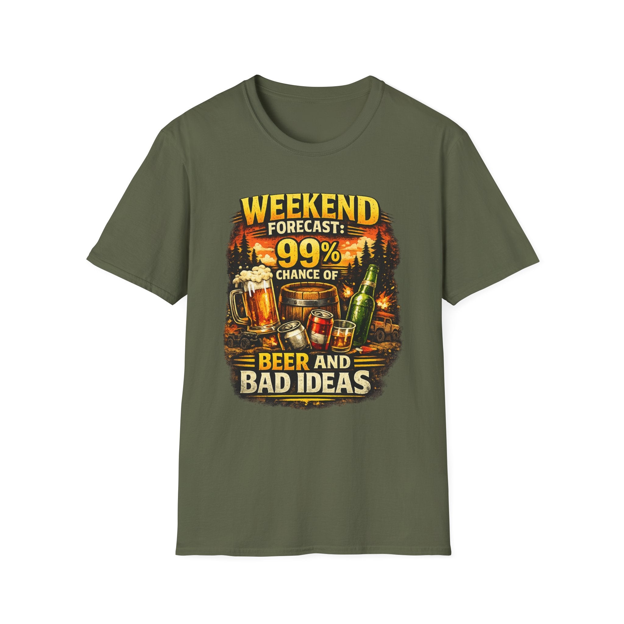 Beer T-Shirt — "Weekend Forecast: 99% Chance of Beer and Bad Ideas"