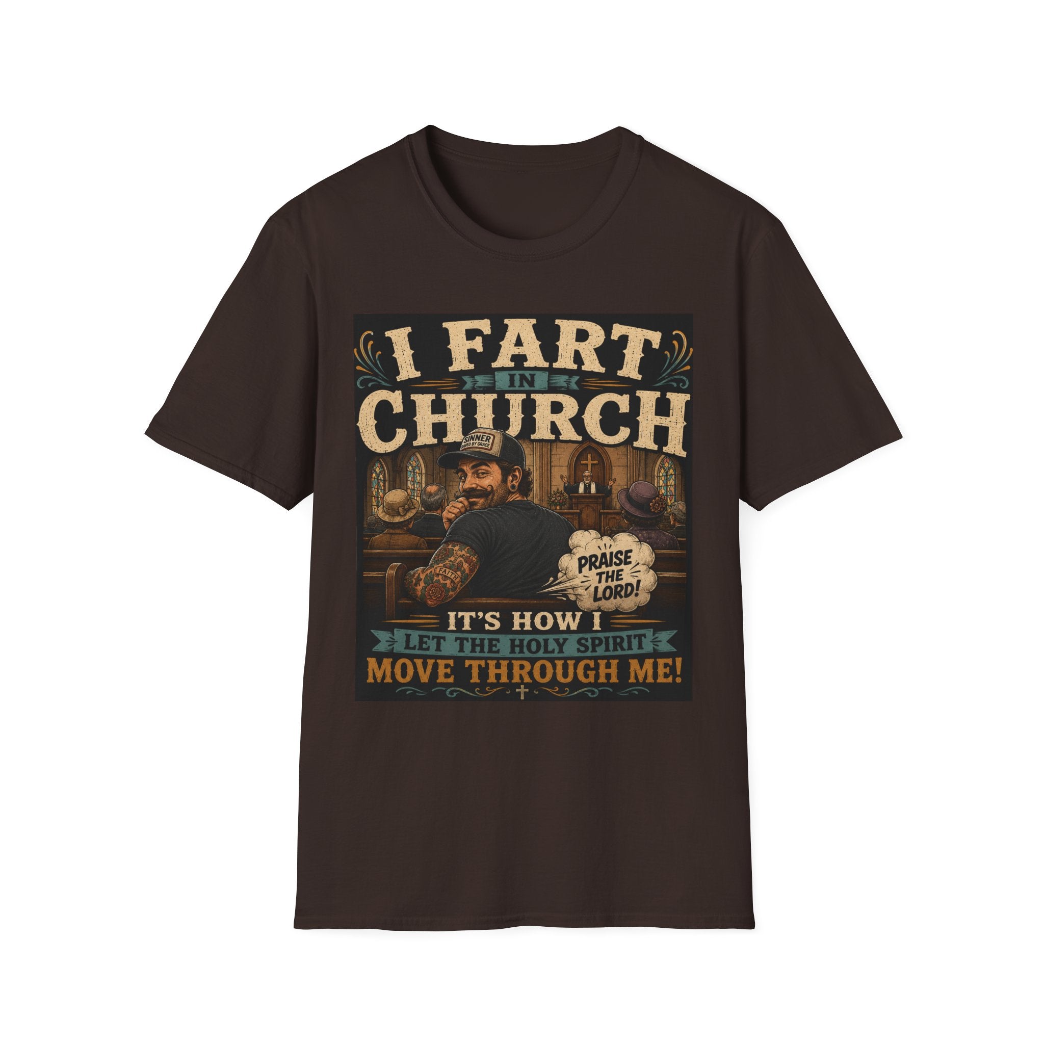 I Fart in Church Funny Graphic Tee — Humorous Religious Joke T-Shirt