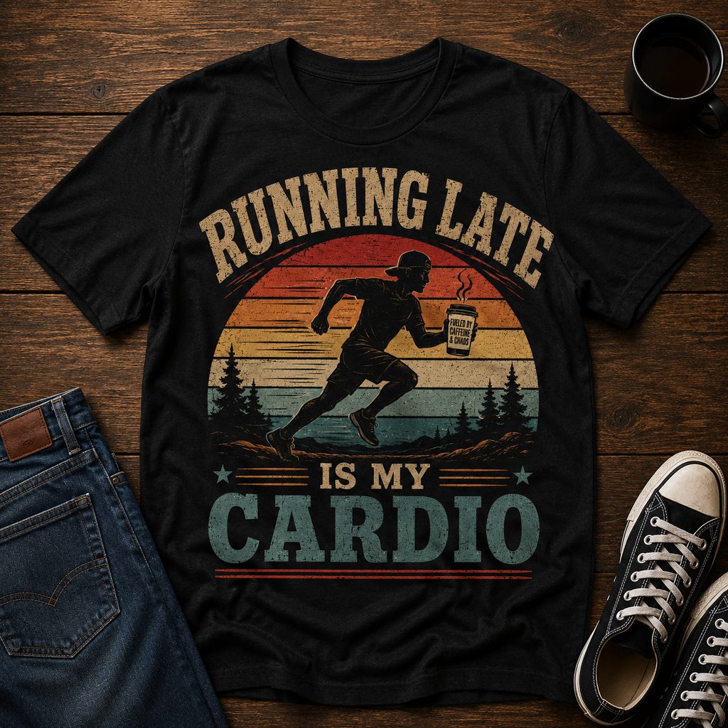 Running Late Is My Cardio T‑Shirt — Funny Retro Runner Coffee Tee