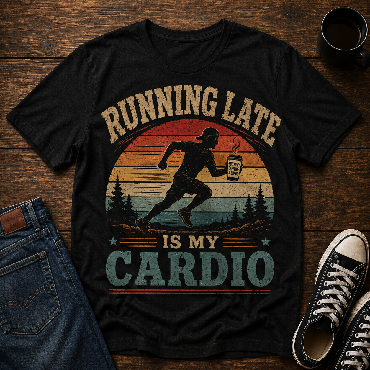 Running Late Is My Cardio T‑Shirt — Funny Retro Runner Coffee Tee