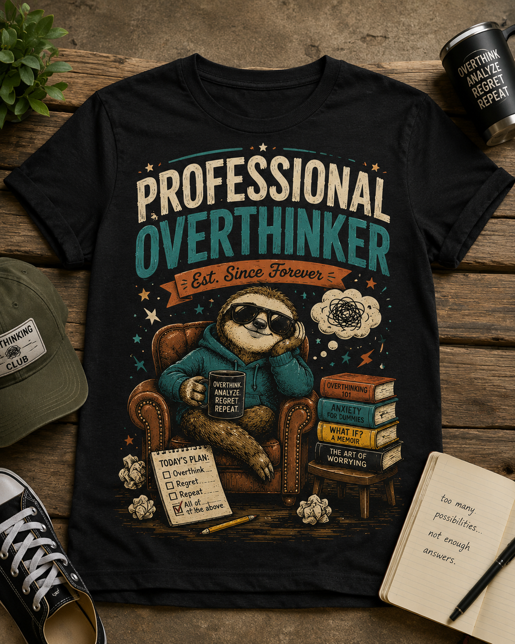 Professional Overthinker T-Shirt — Funny Sloth Illustration, 'Est. Since Forever'
