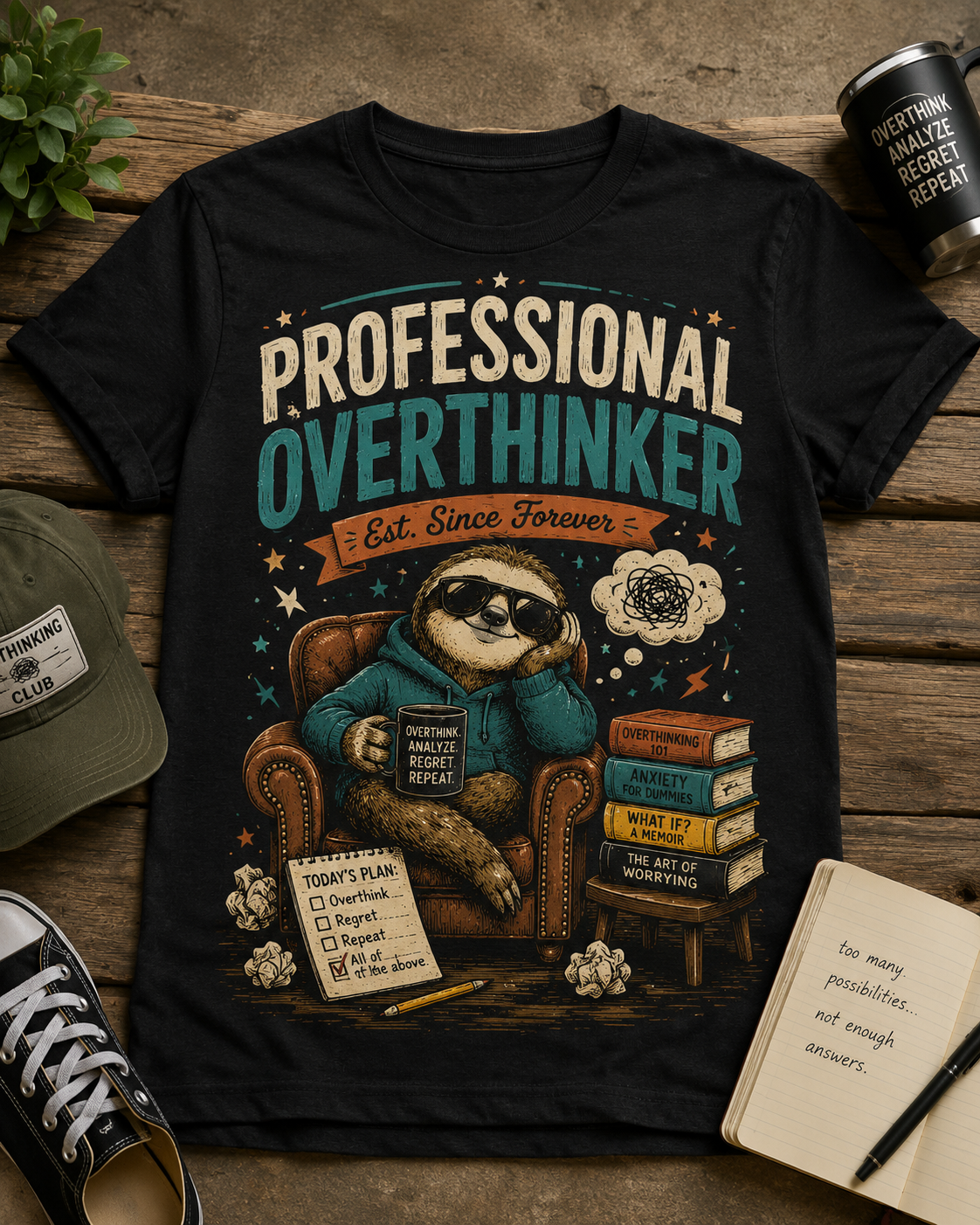 Professional Overthinker T-Shirt — Funny Sloth Illustration, 'Est. Since Forever'