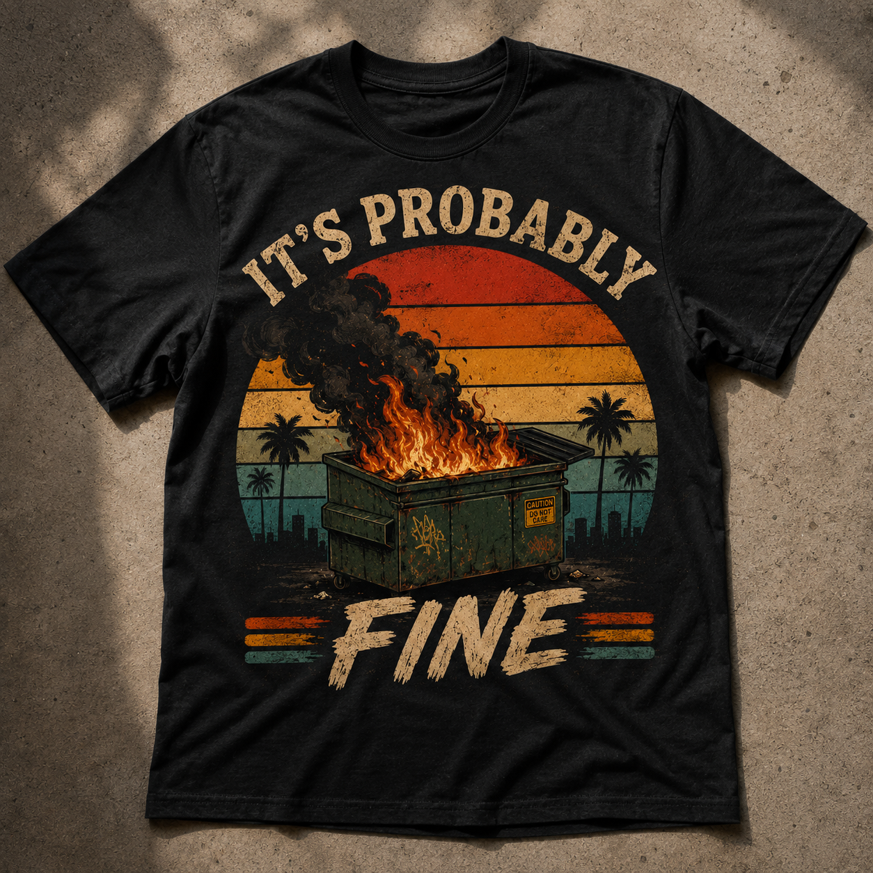 Graphic T-Shirt — "It's Probably Fine" Retro Sunset Burning House Tee