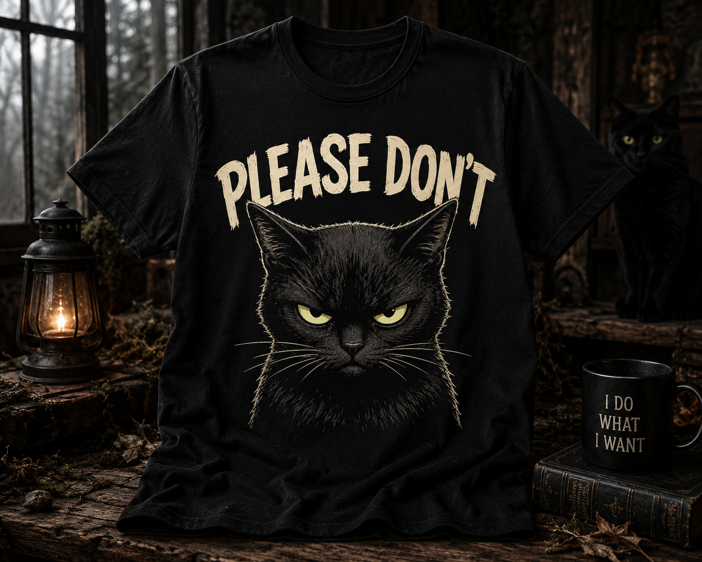 Please Don't Black Cat T‑Shirt — Funny Grumpy Cat Graphic Tee