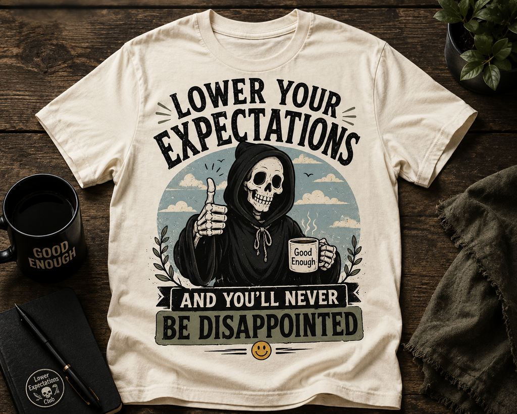 Lower Your Expectations T-Shirt — Funny Grim Reaper Graphic Tee (You’ll Never Be Disappointed)