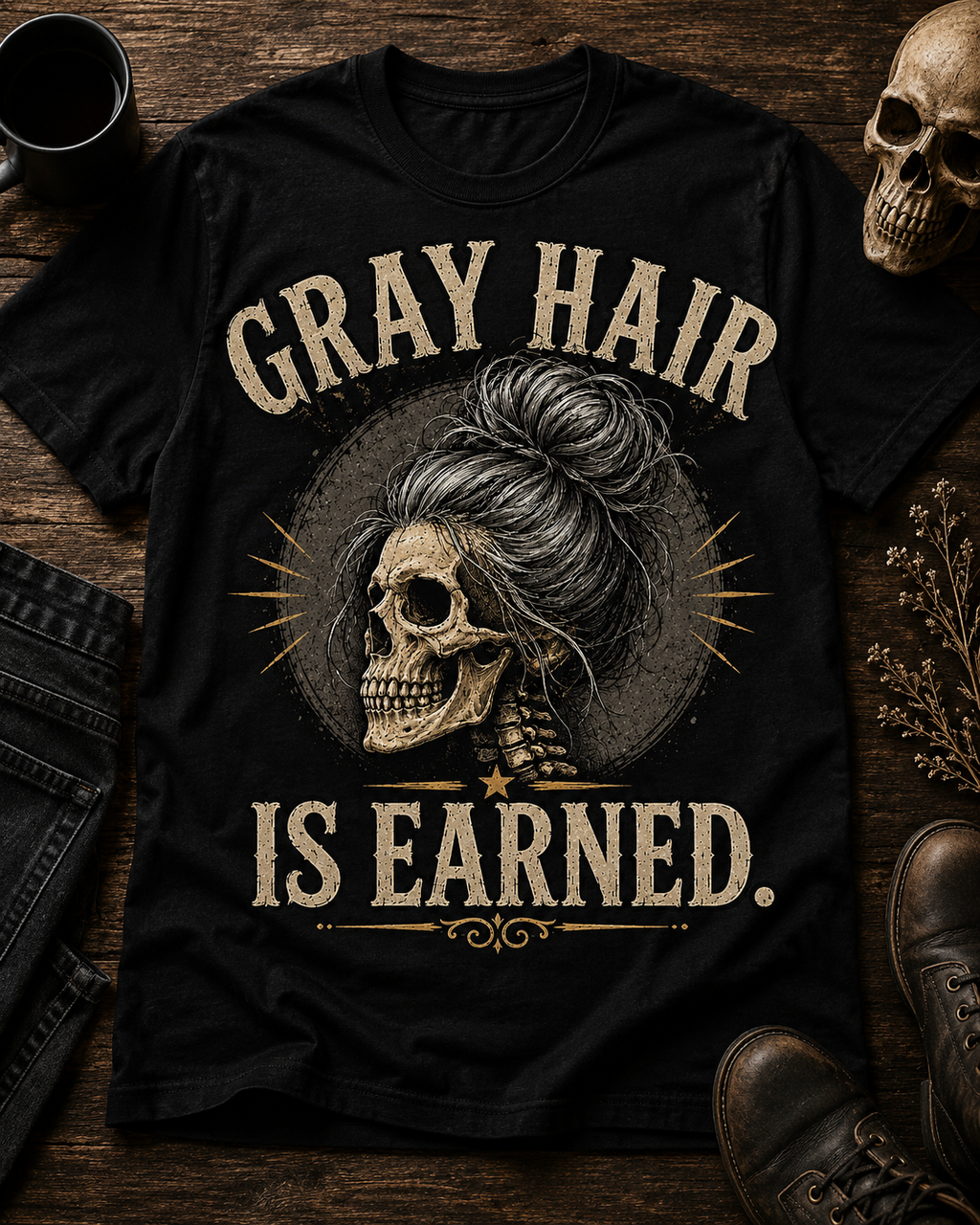 Gray Hair Is Earned T-Shirt — Vintage Skull With Gray Bun Graphic