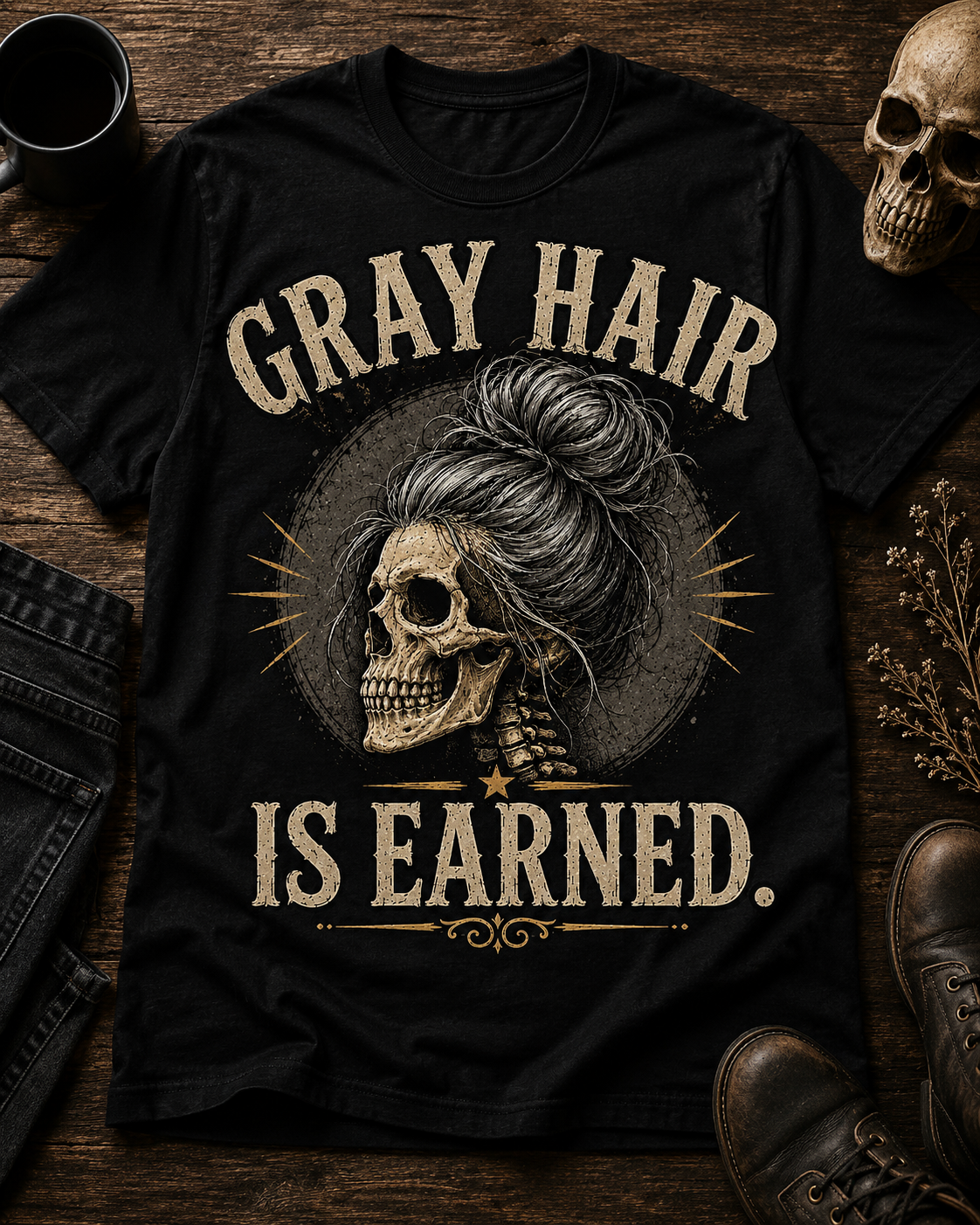 Gray Hair Is Earned T-Shirt — Vintage Skull With Gray Bun Graphic
