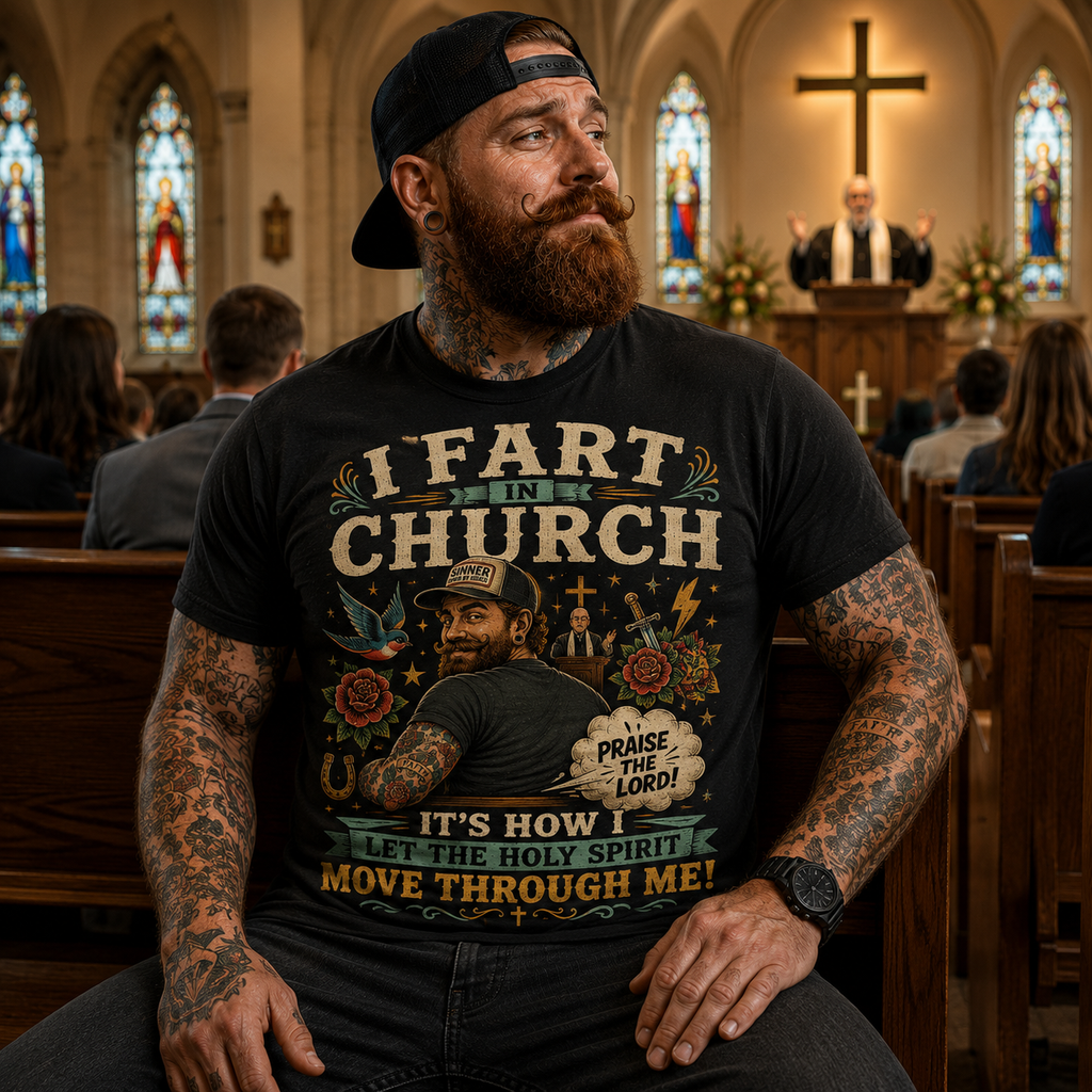 I Fart in Church Funny Graphic Tee — Humorous Religious Joke T-Shirt