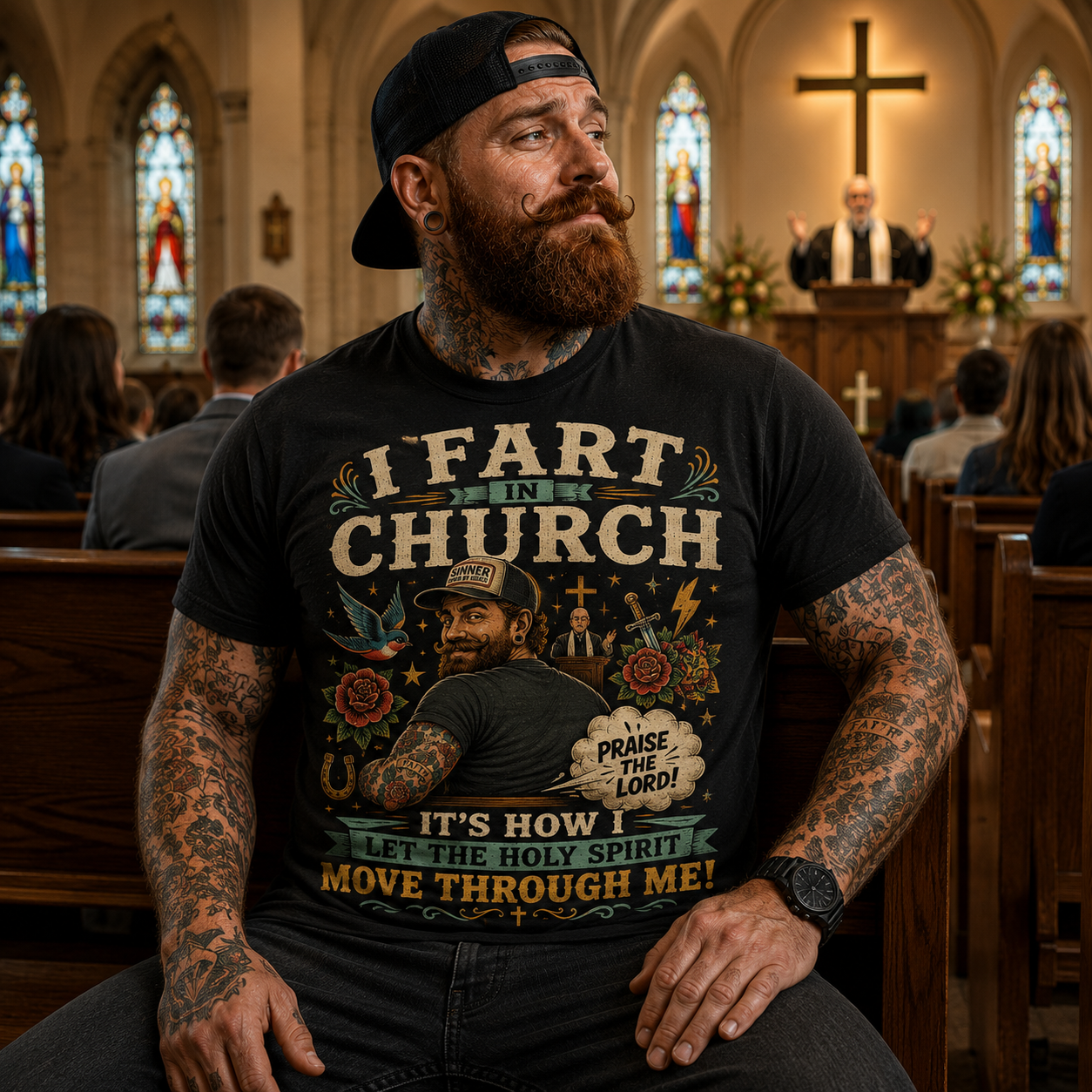I Fart in Church Funny Graphic Tee — Humorous Religious Joke T-Shirt
