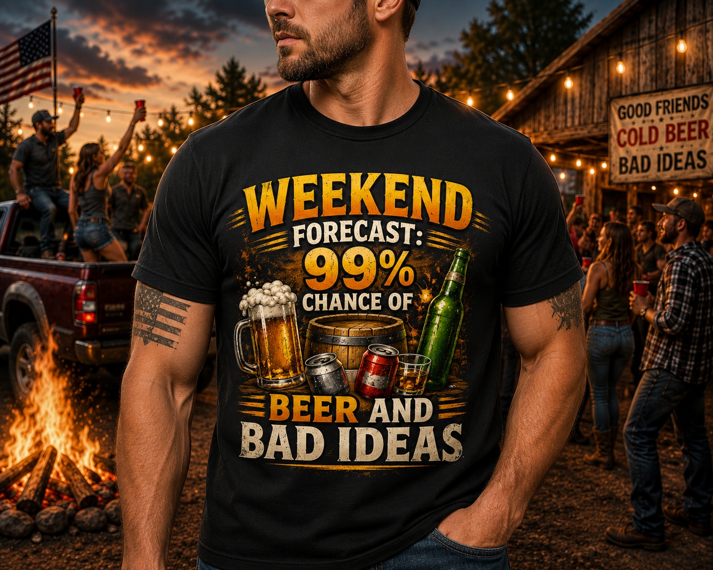 Beer T-Shirt — "Weekend Forecast: 99% Chance of Beer and Bad Ideas"