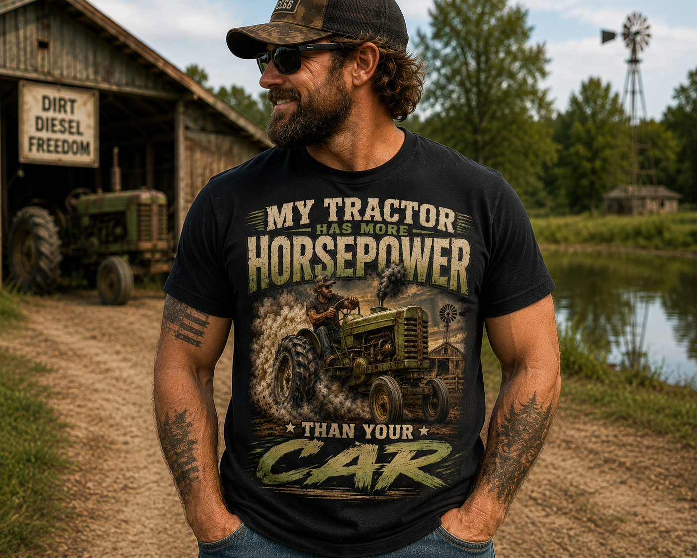 Tractor Horsepower T-Shirt — “My Tractor Has More Horsepower Than Your Car” Vintage Farm Tee