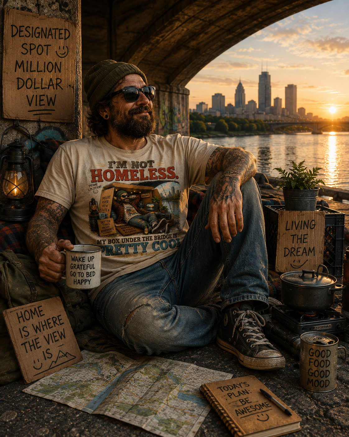 T-Shirt — "I’m Not Homeless" Retro Vintage Campfire Travel Tee
