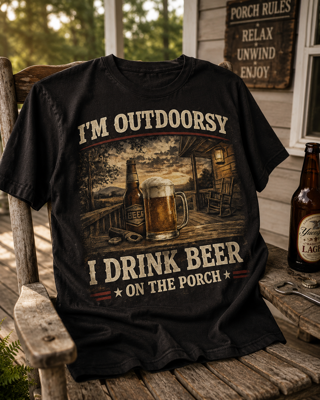 Outdoorsy T-Shirt — "I’m Outdoorsy, I Drink Beer on the Porch" Vintage Beer Tee