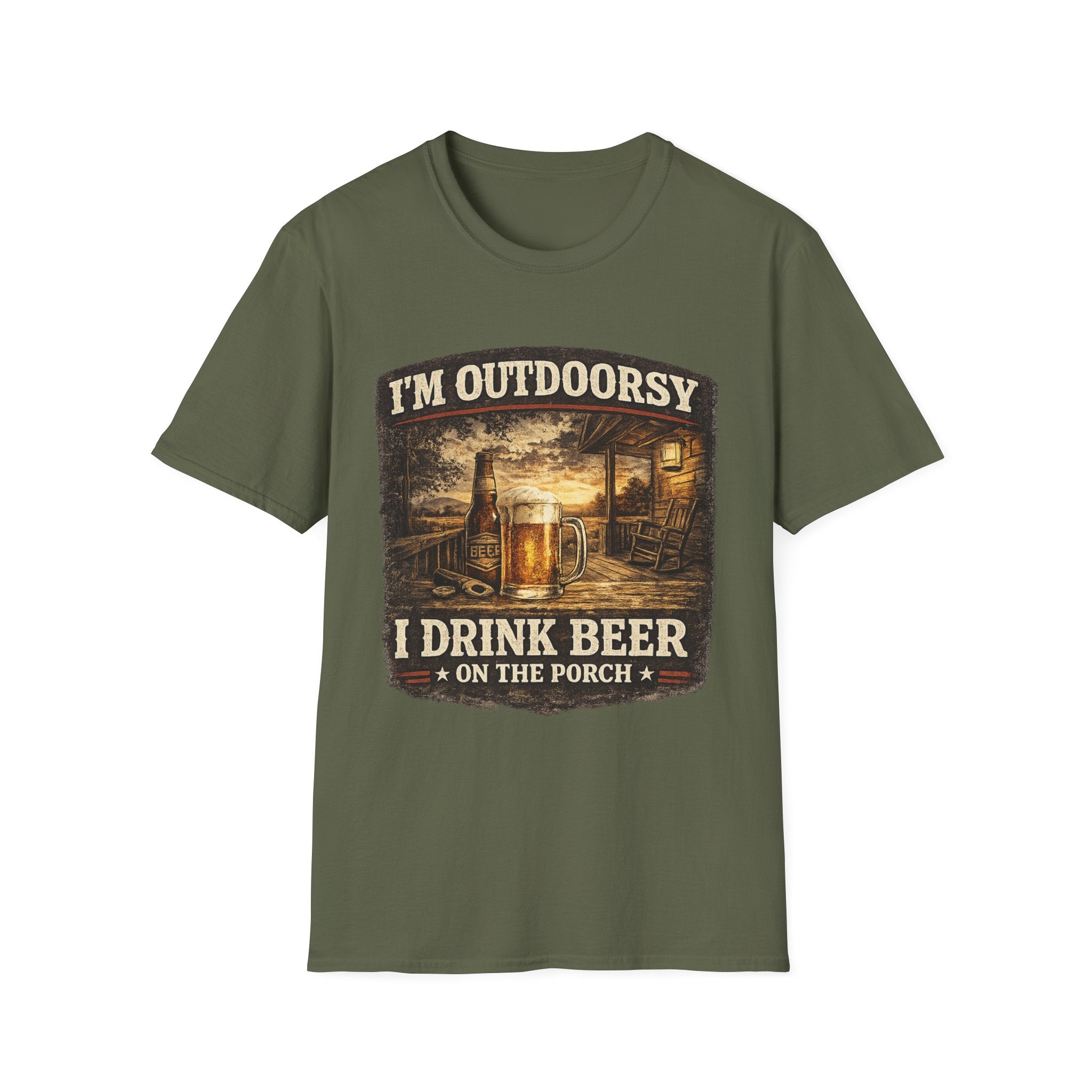 Outdoorsy T-Shirt — "I’m Outdoorsy, I Drink Beer on the Porch" Vintage Beer Tee