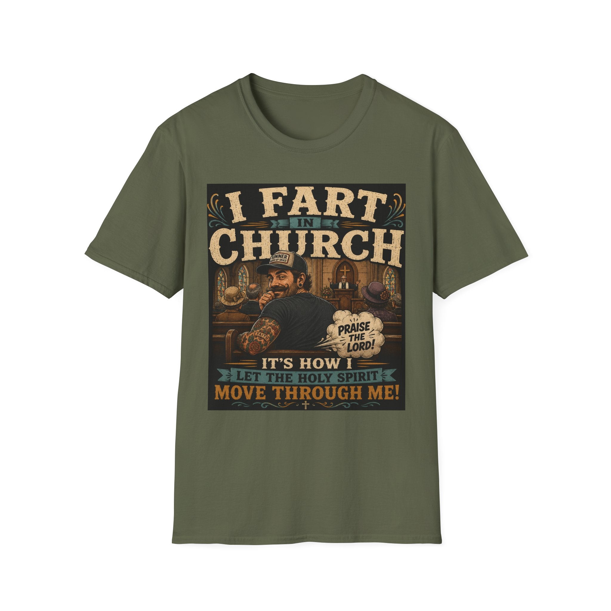 I Fart in Church Funny Graphic Tee — Humorous Religious Joke T-Shirt