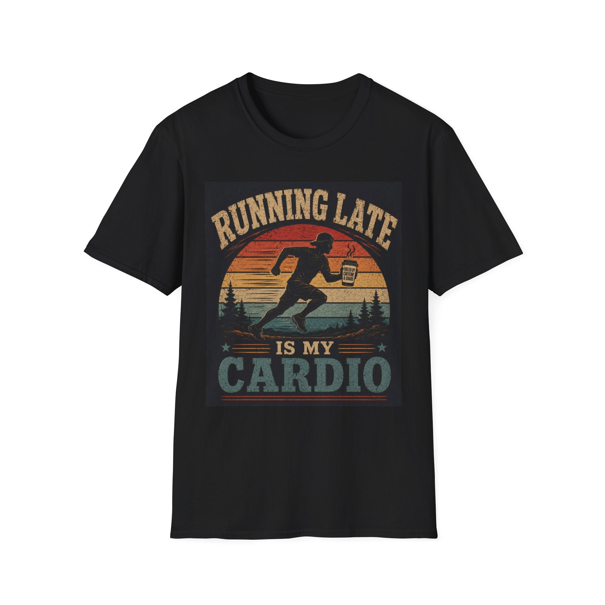 Running Late Is My Cardio T‑Shirt — Funny Retro Runner Coffee Tee