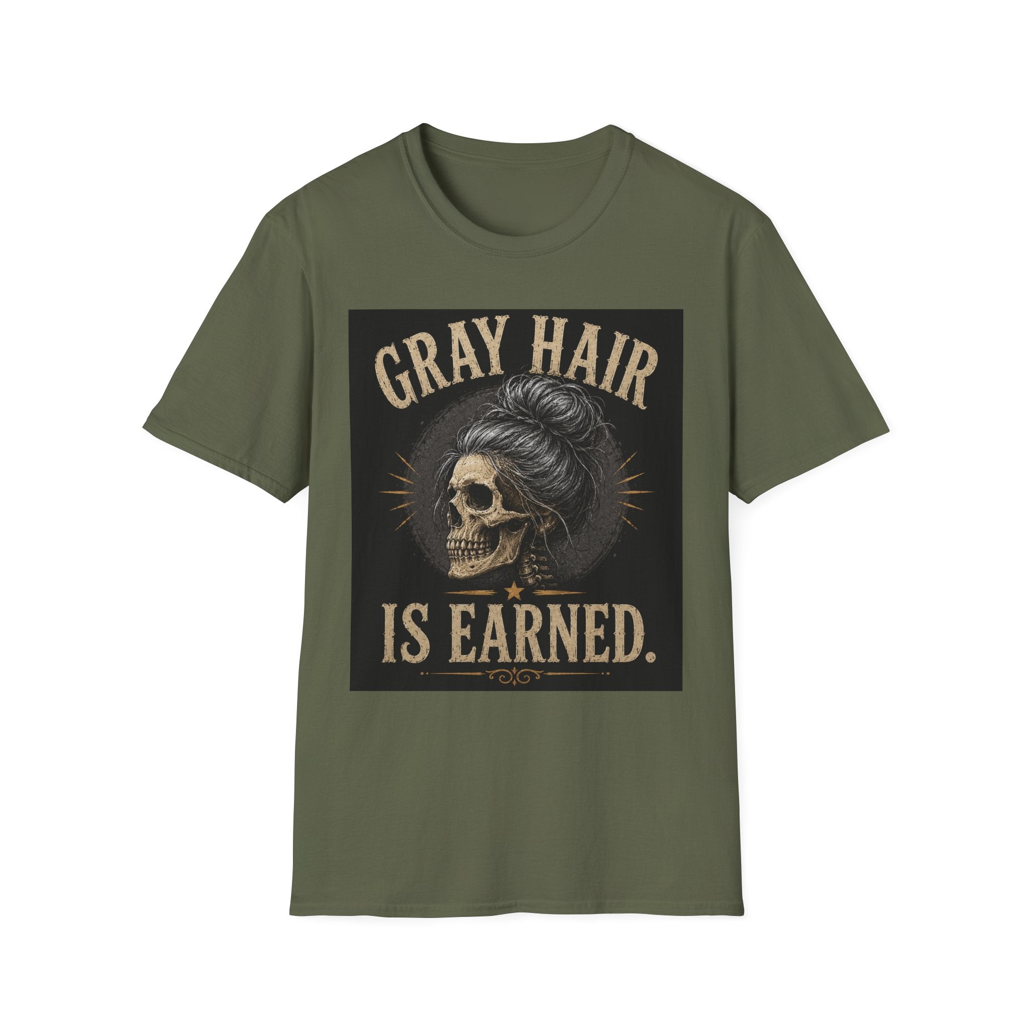 Gray Hair Is Earned T-Shirt — Vintage Skull With Gray Bun Graphic