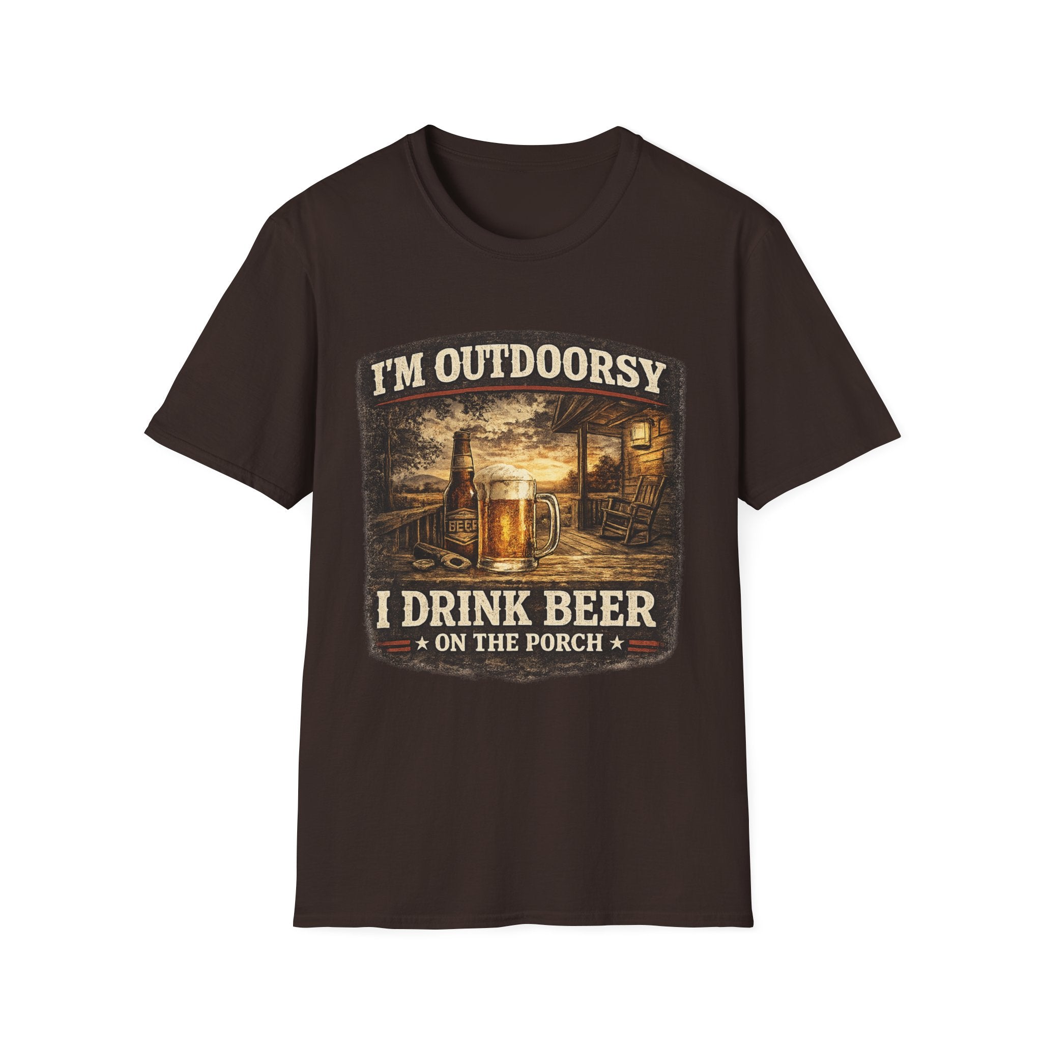 Outdoorsy T-Shirt — "I’m Outdoorsy, I Drink Beer on the Porch" Vintage Beer Tee