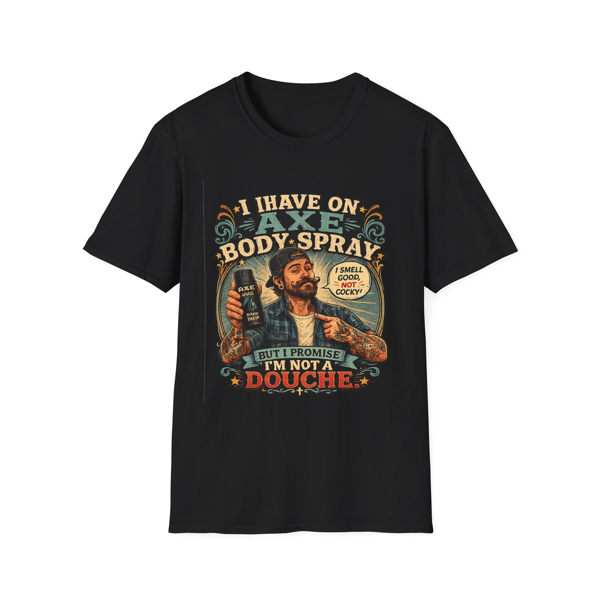 Vintage Axe Body Spray Graphic T-Shirt — "I Smell Good, Not Cocky" Retro Tee