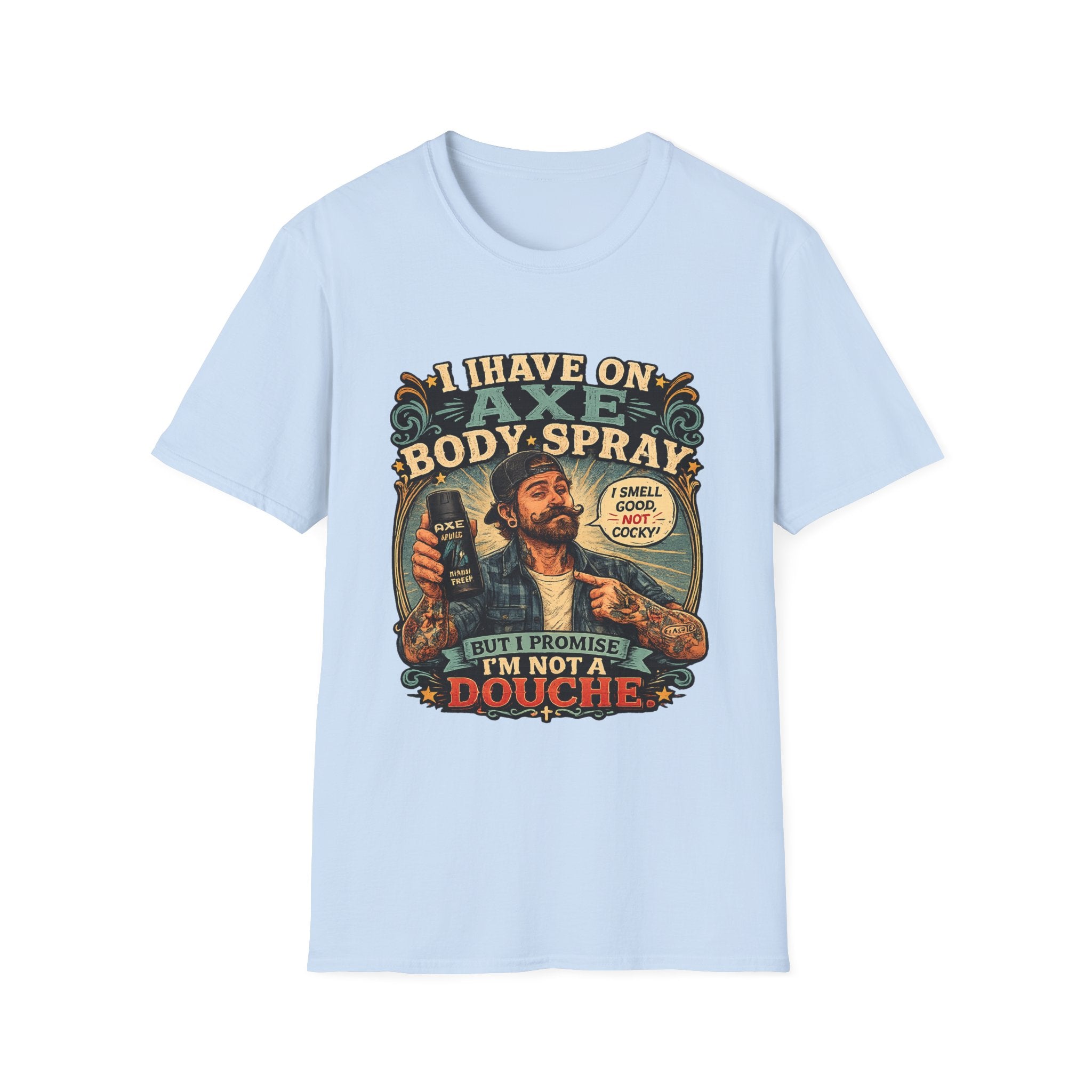 Vintage Axe Body Spray Graphic T-Shirt — "I Smell Good, Not Cocky" Retro Tee