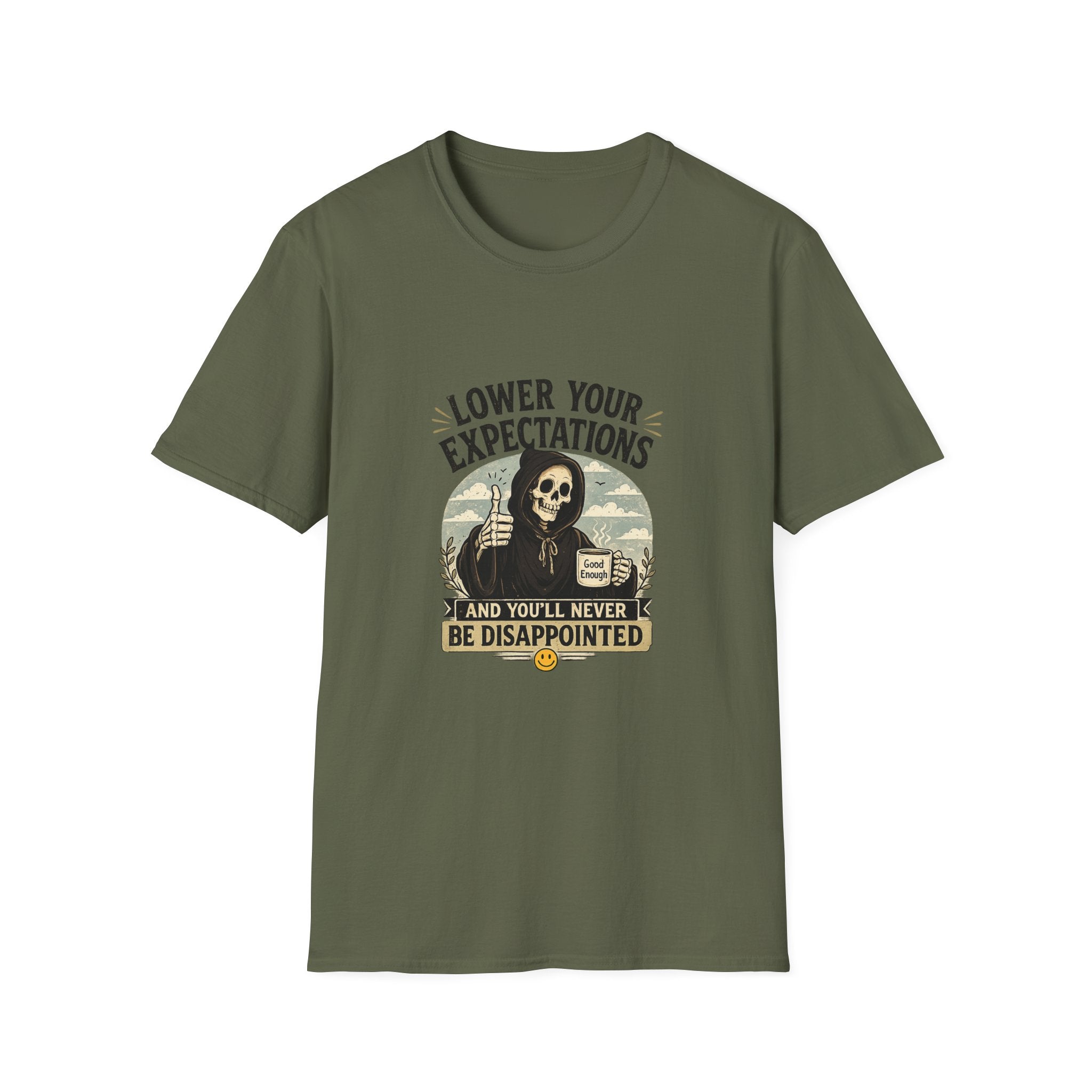 Lower Your Expectations T-Shirt — Funny Grim Reaper Graphic Tee (You’ll Never Be Disappointed)