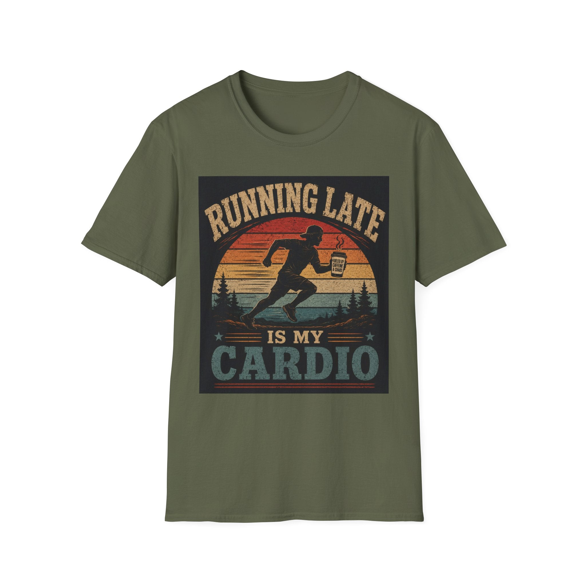 Running Late Is My Cardio T‑Shirt — Funny Retro Runner Coffee Tee