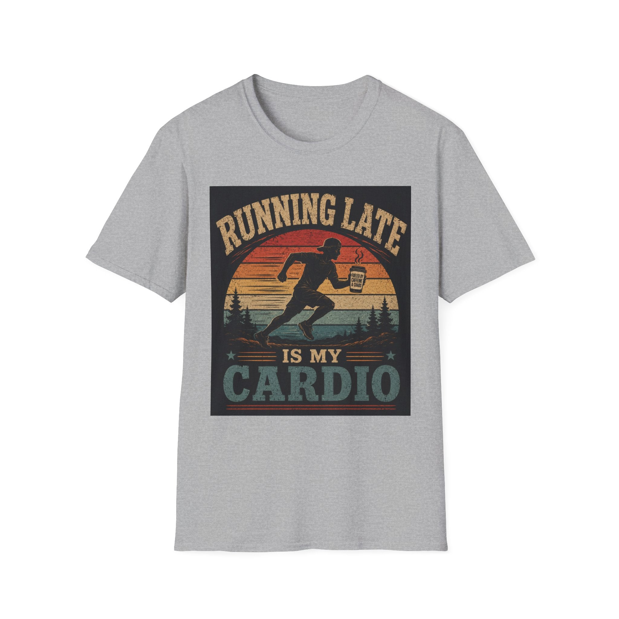 Running Late Is My Cardio T‑Shirt — Funny Retro Runner Coffee Tee