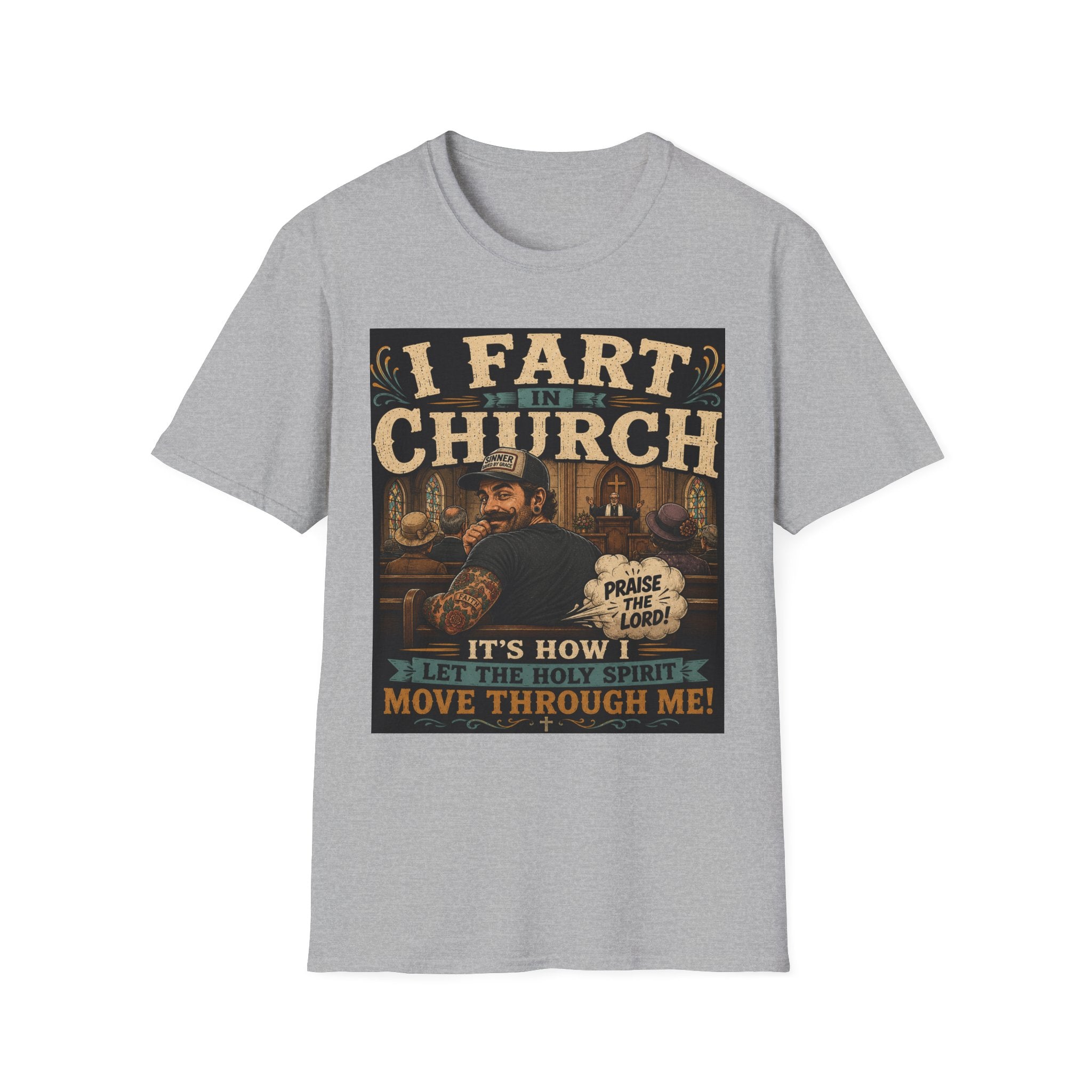 I Fart in Church Funny Graphic Tee — Humorous Religious Joke T-Shirt